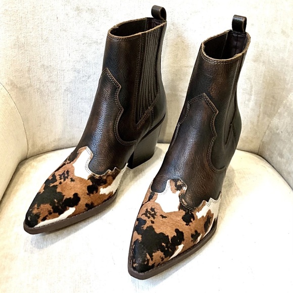 Free People Sam Edelman Out West Western Boots Brown Leather Calf Hair Toe - Picture 4 of 9